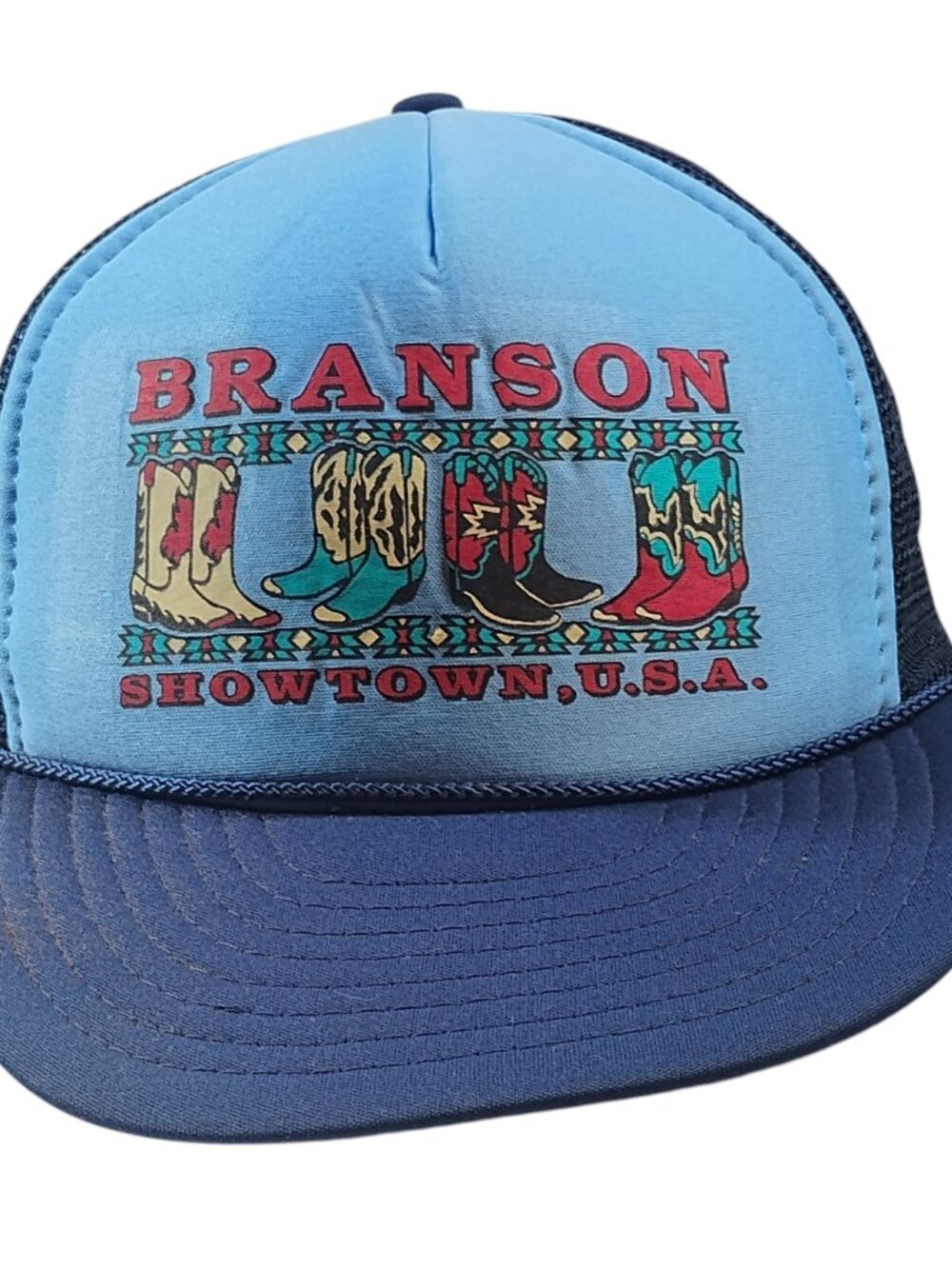 Branson Missouri Vintage Trucker Hat Showtown USA Souvenir Cowboy Boots Western